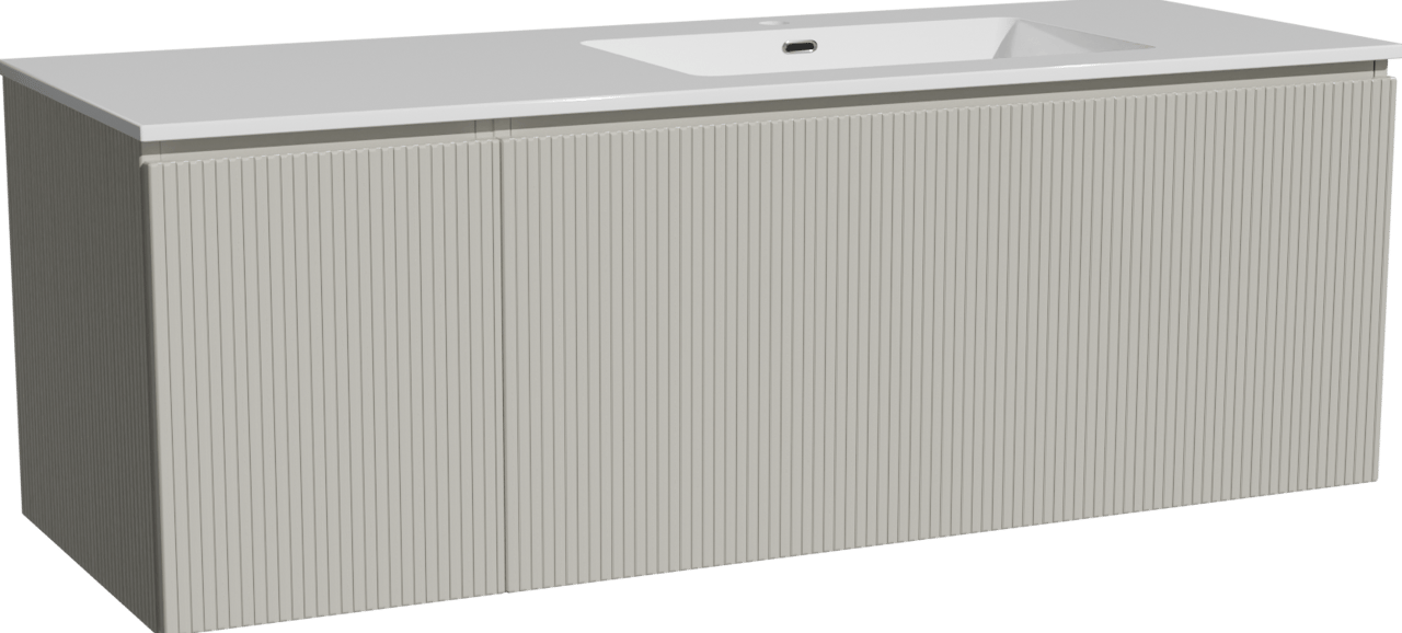 Storke Ribs zwevend badmeubel 140 x 52 cm zijdegrijs met Diva asymmetrisch rechtse wastafel in composietmarmer hoogglans wit, Verticale symmetrische rechte ribbel