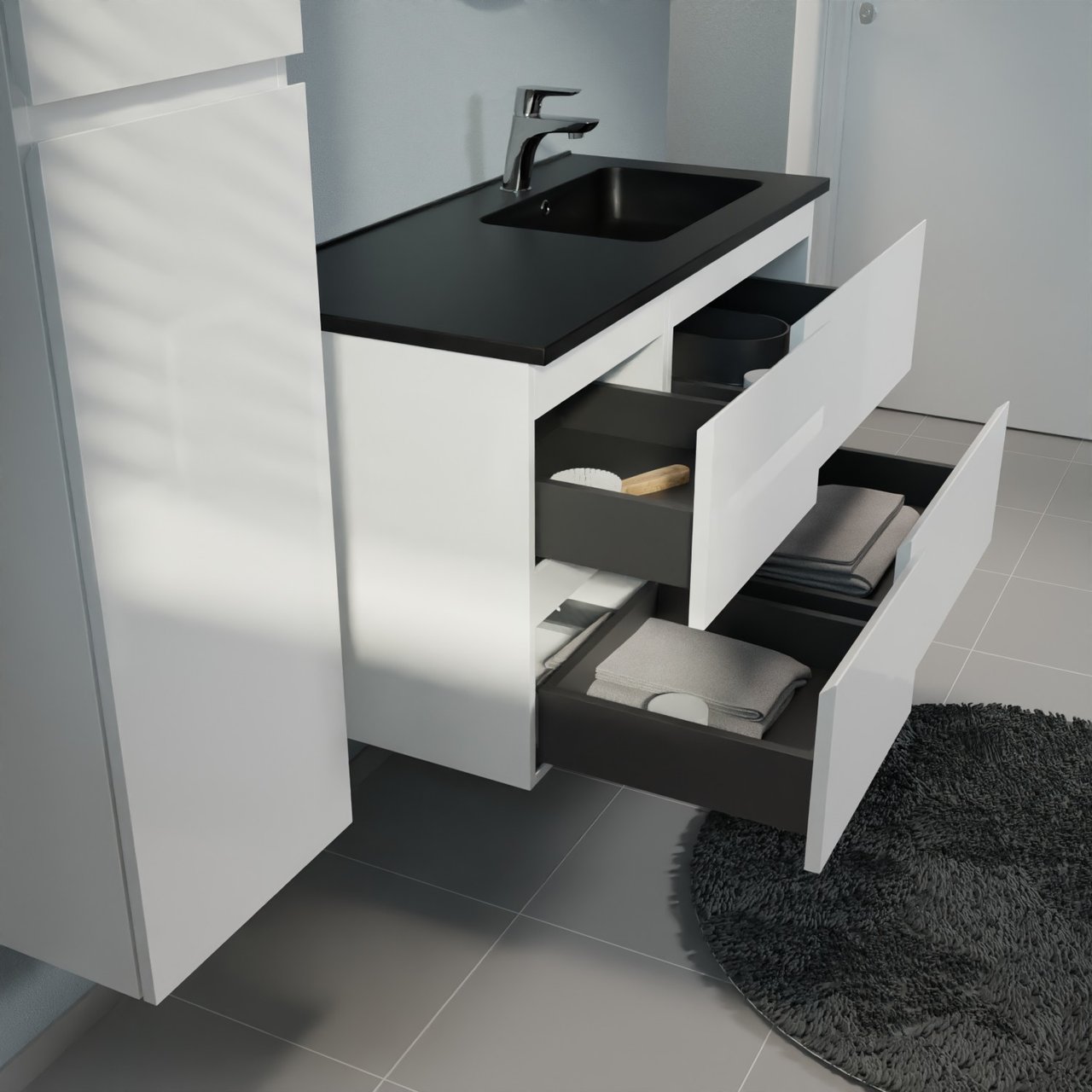 Linie Lado meuble salle de bains suspendu 100 x 46 cm blanc brillant avec Vano vasque asymétrique droite en marbre composite noir mat