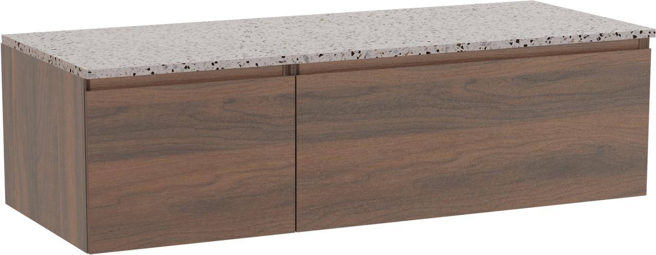 Storke Edge zwevend badmeubel 130 x 52 cm notenhout met Tavola enkel of dubbel wastafelblad in mat wit/zwart terrazzo