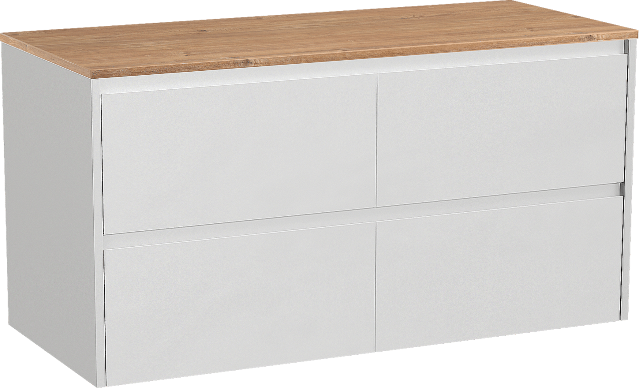 Storke Seda hängendes Möbelstück Set: 120 x 52 cm, Weiß matt, mit Panton Einzel- oder Doppel Waschtischplatte, Melamin Rohe Eiche