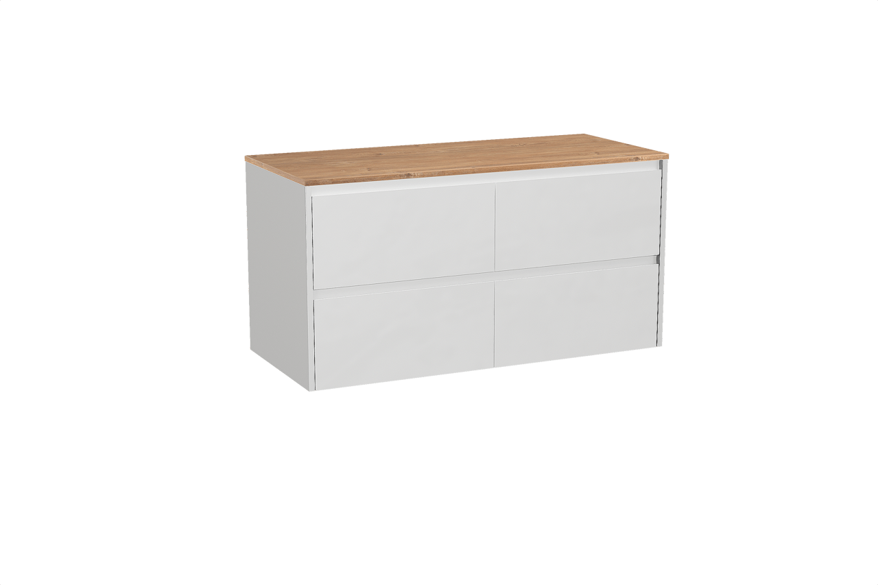 Storke Seda hängendes Möbelstück Set: 120 x 52 cm, Weiß matt, mit Panton Einzel- oder Doppel Waschtischplatte, Melamin Rohe Eiche