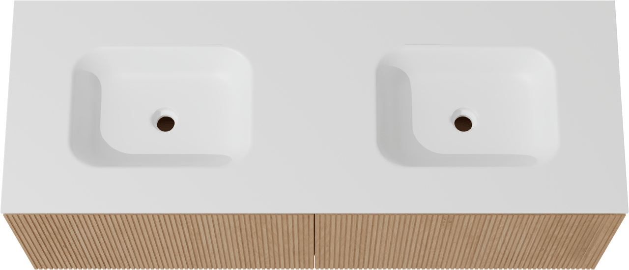 Balmani Eclips meuble salle de bains suspendu 150 x 55 cm Chêne naturelle avec Tablo Arcato double vasque en Solid Surface blanc mat, Nervure droite symétrique verticale