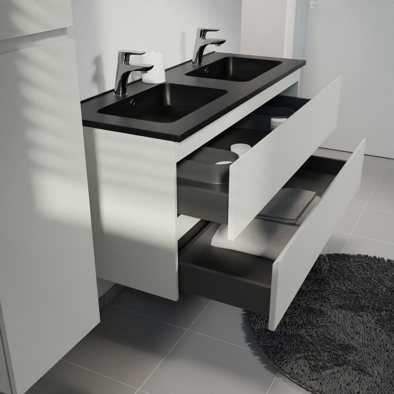 Linie Lado meuble salle de bains suspendu 120 x 46 cm greige avec Vano double vasque en marbre composite noir mat