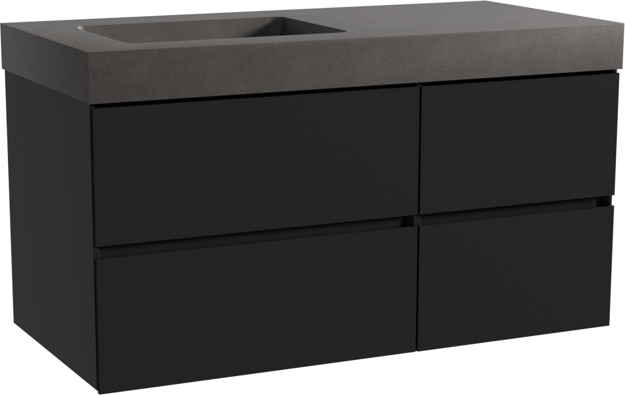 Storke Edge zwevend badmeubel 110 x 52 cm mat zwart met Scuro High asymmetrisch linkse wastafel in kwarts mat zwart