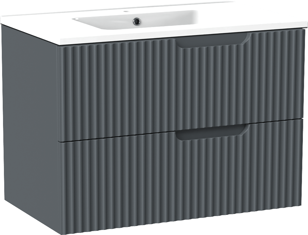 Linie Ribbo zwevend badmeubel 80 x 46 cm blauw antraciet met Vano enkele wastafel in composietmarmer hoogglans wit, Verticale symmetrische ronde ribbel