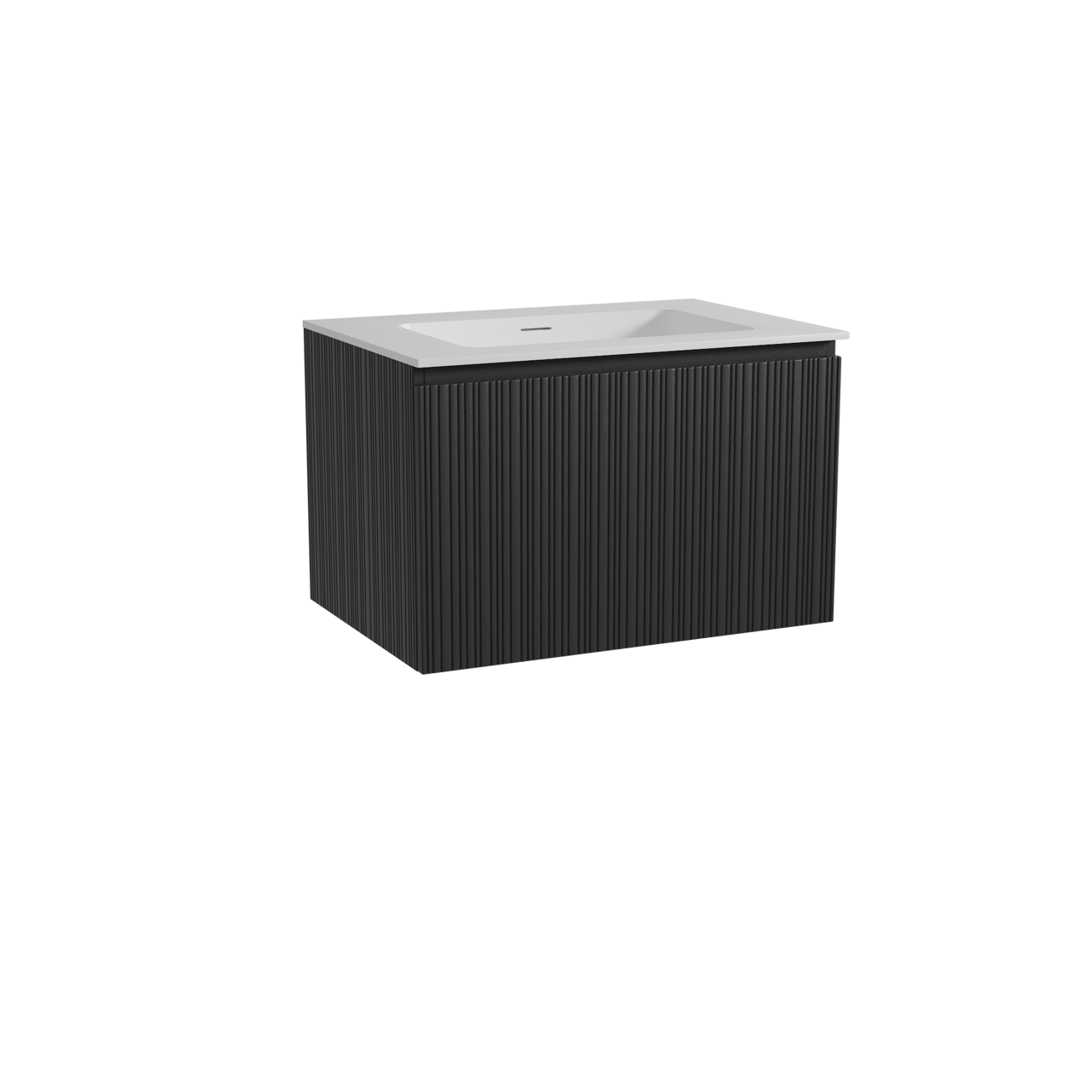 Storke Ribs meuble salle de bains suspendu 75 x 52 cm chêne noir avec Mata plan simple en solid surface blanc mat, Nervure droite asymétrique verticale