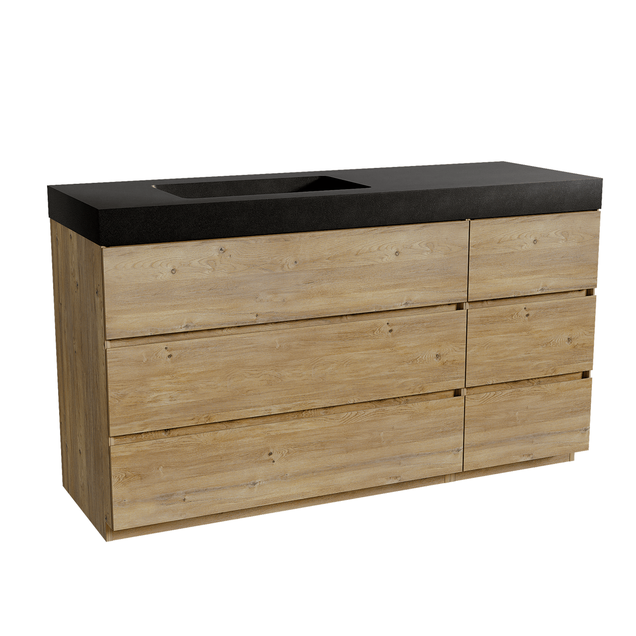 Storke Edge staand badkamermeubel 150 x 52 cm ruwe eik met Scuro High asymmetrisch linkse wastafel in kwarts mat zwart