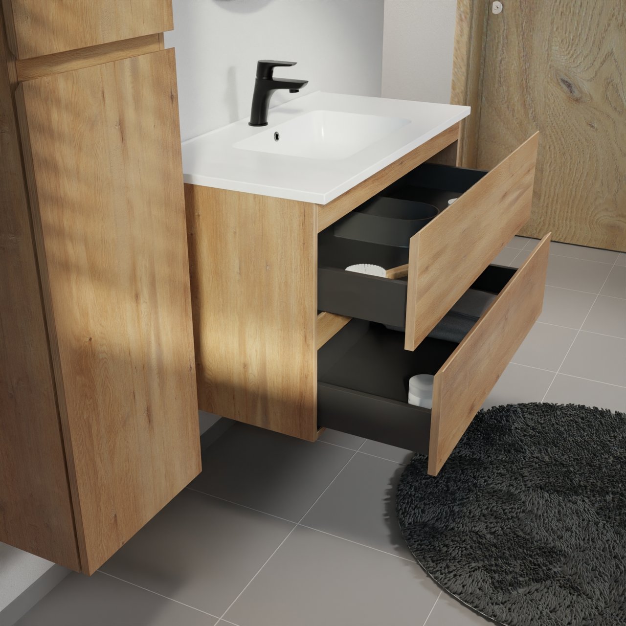 Linie Lado meuble salle de bains suspendu 90 x 46 cm chêne naturel avec Vano plan simple en marbre composite blanc mat