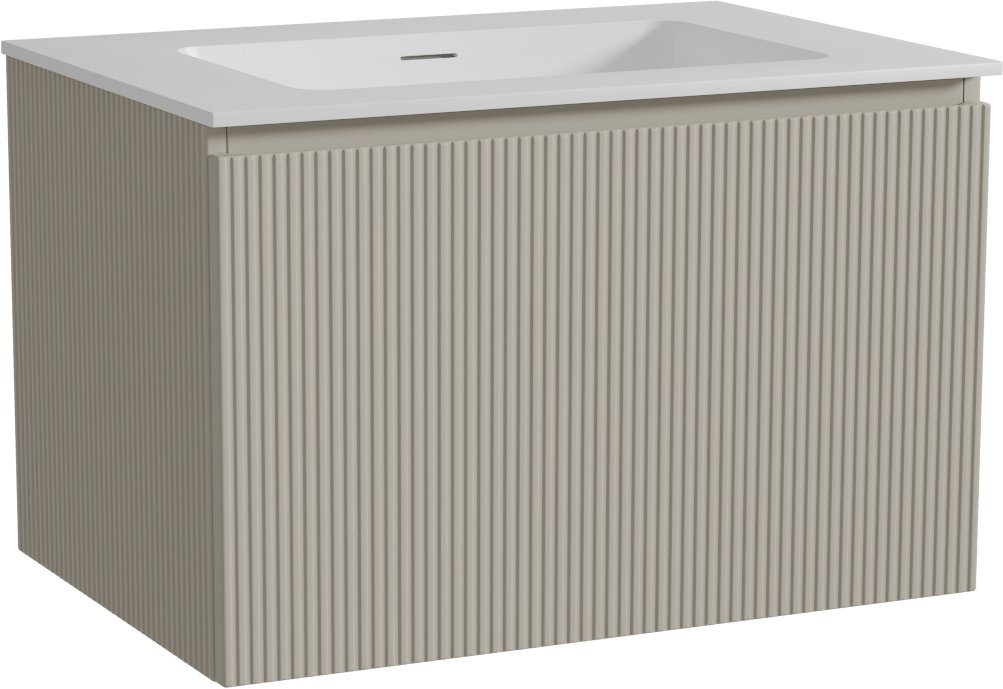 Storke Ribs zwevend badmeubel 75 x 52 cm zijdegrijs met Mata enkele wastafel in solid surface mat wit, Verticale symmetrische rechte ribbel