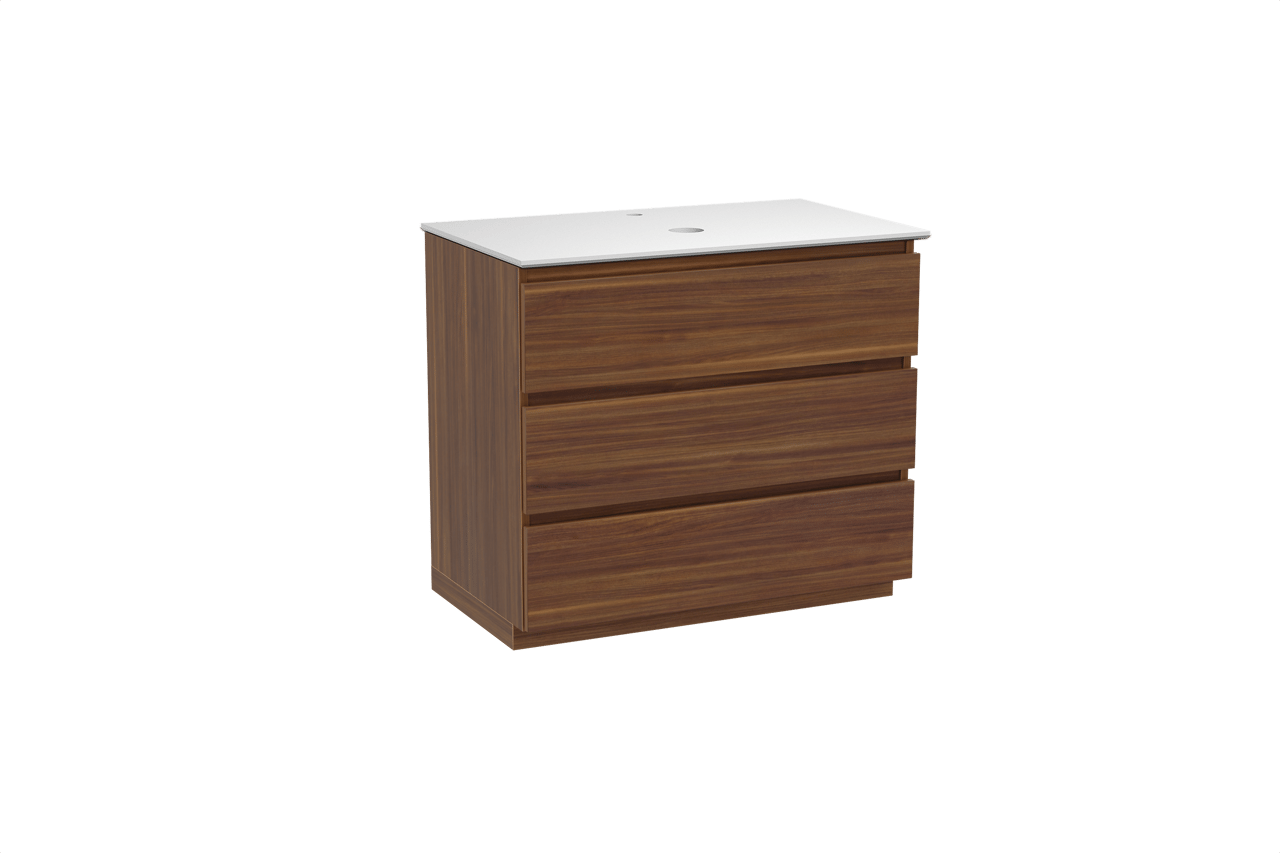 Balmani Lucida freistehendes Möbelstück Set: 90 x 55 cm, Amerikanischer Nussbaum, mit Facetta Einzel Waschtischplatte, Solid Surface Weiß matt