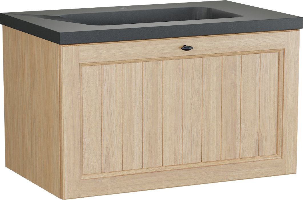 Balmani Lemon zwevend badkamermeubel 90 x 55 cm, fineer natuur eik met Napoli enkele wastafel in graniet zwart