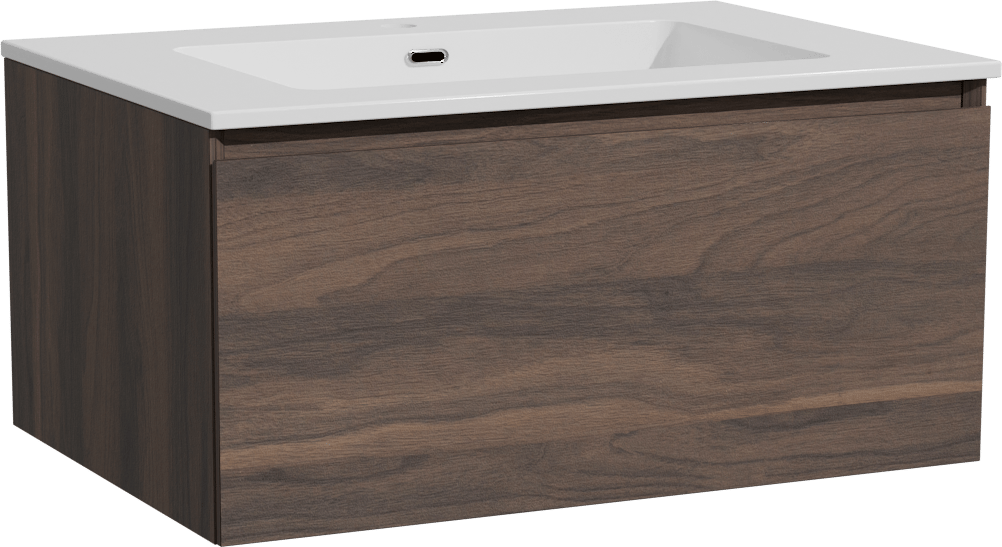 Storke Edge zwevend badmeubel 75 x 52 cm notenhout met Diva enkele wastafel in composietmarmer hoogglans wit