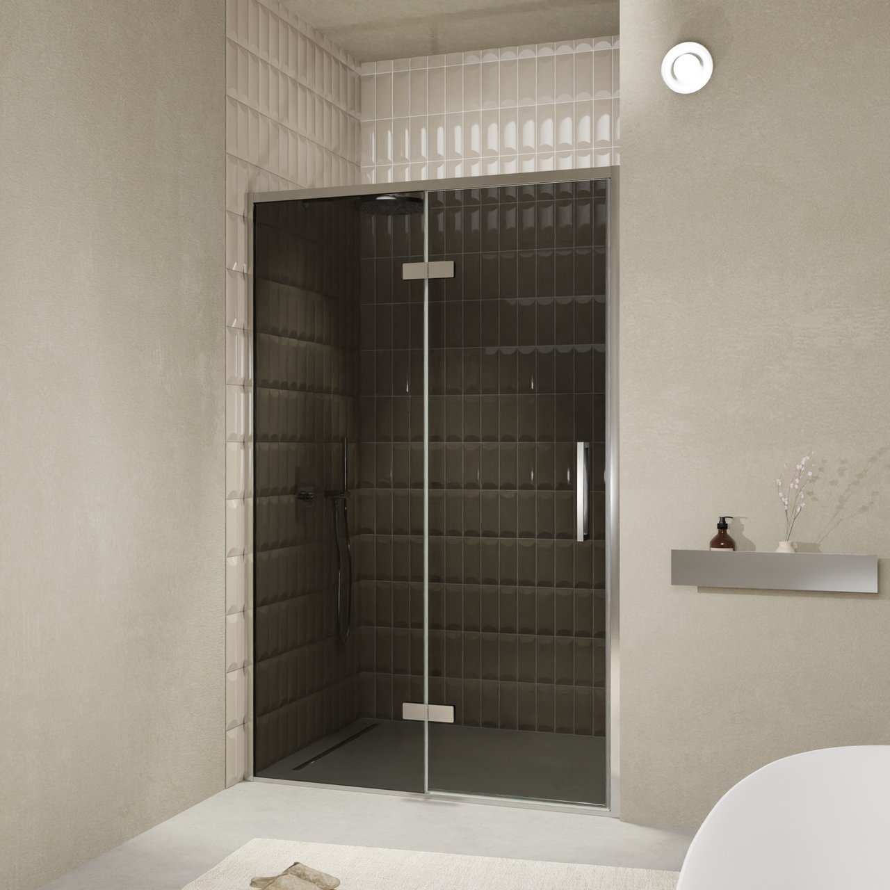 Balmani Senses Design porte pivotante à gauche 140 cm x 210 cm verre fumé, Profil chrome, coating inclus