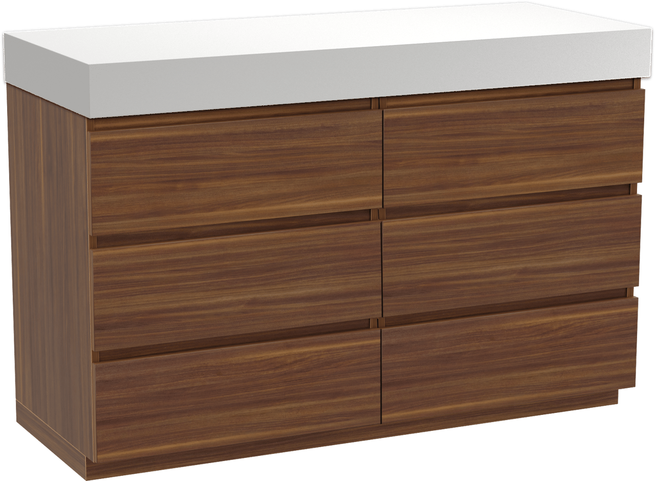 Balmani Lucida meuble salle de bains à poser 135 x 55 cm noyer américain avec Dominus tablette simple ou double en solid surface blanc mat
