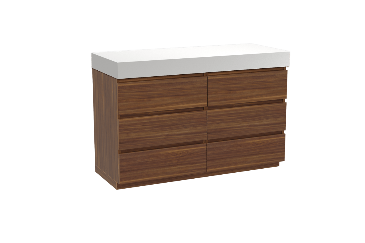 Balmani Lucida staand badkamermeubel 135 x 55 cm amerikaanse notelaar met Dominus enkel of dubbel tablet in solid surface mat wit