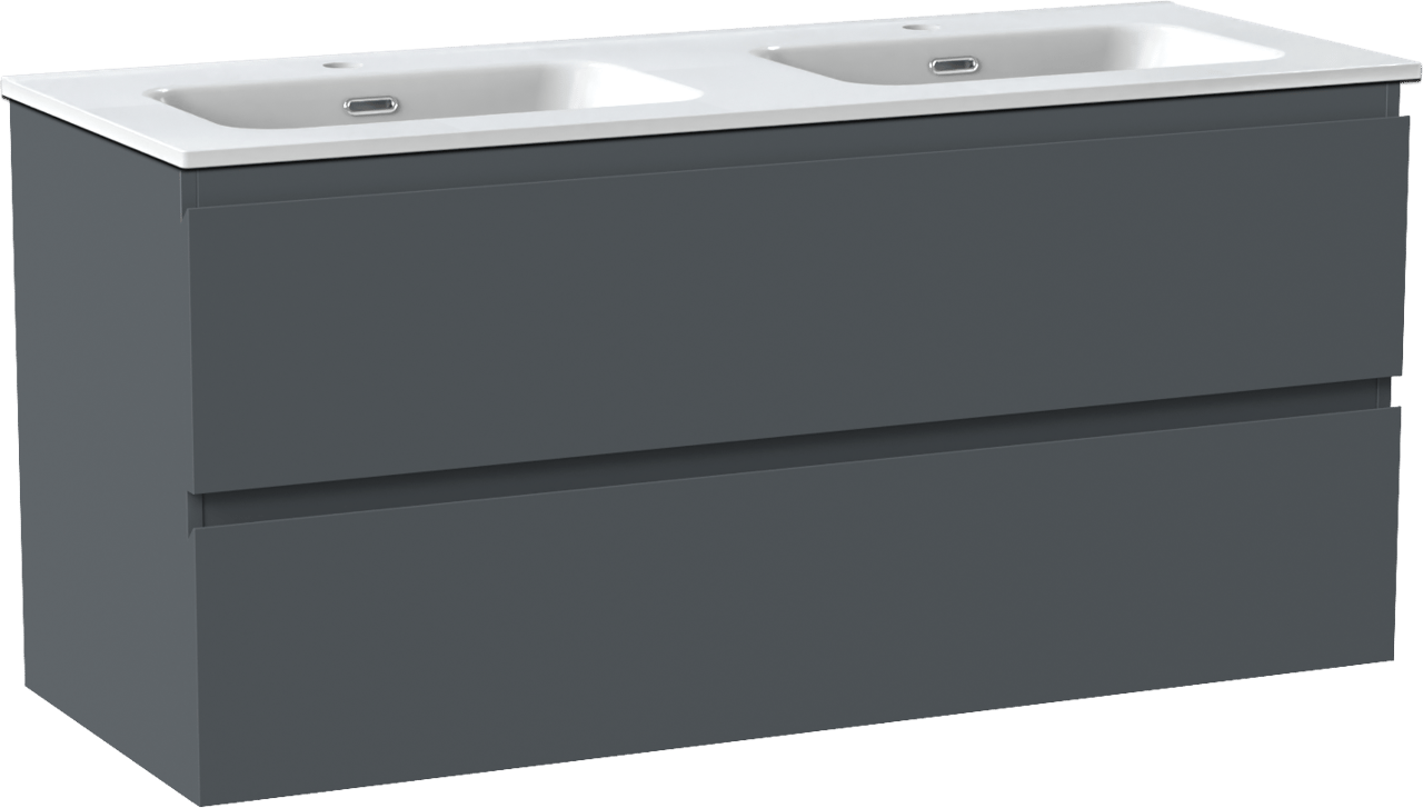 Linie Lado meuble salle de bains suspendu 120 x 46 cm bleu anthracite avec Baro double vasque en porcelaine blanc brillant