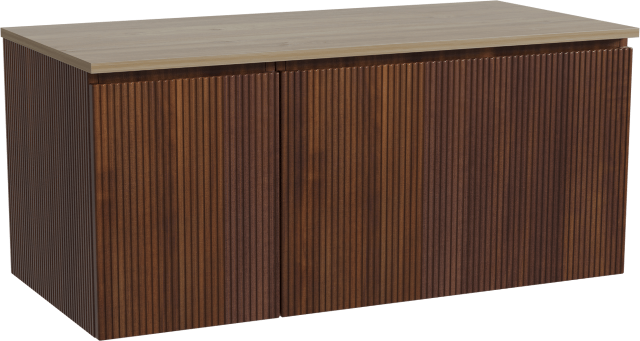 Storke Ribs zwevend badmeubel 110 x 52 cm notenhout met Panton enkel wastafelblad in melamine ruw eiken, Verticale symmetrische rechte ribbel