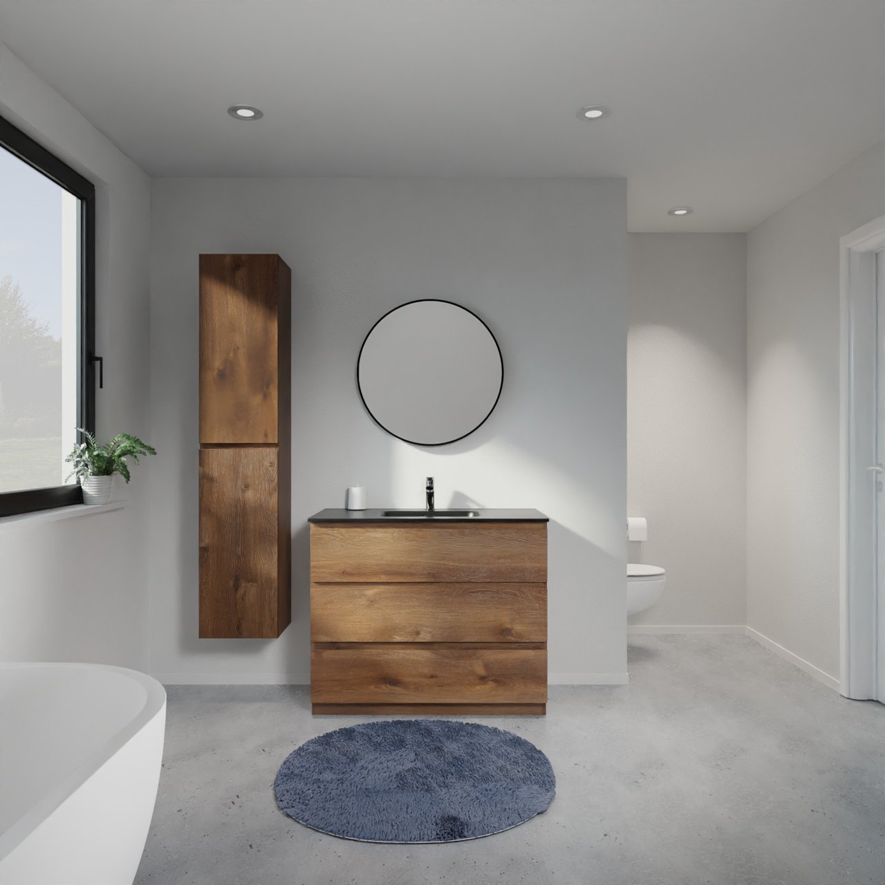 Linie Lado freistehendes Möbelstück Set: 100 x 46 cm, Braune Eiche, mit Baro Einzelwaschtisch, Porzellan Schwarz matt