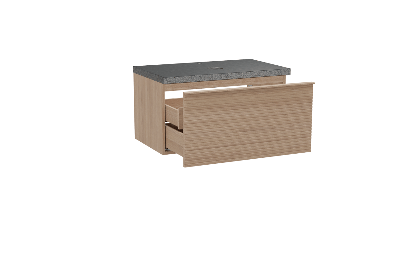 Balmani Forma hängendes Möbelstück Set: 90 x 55 cm, Naturbelassene Eiche, mit Rock Einzel Waschtischplatte, Granit, Schwarzes Granit, Horizontale symmetrische gerade Rippe