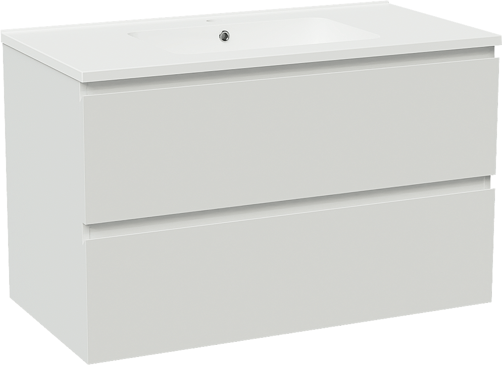 Linie Lado zwevend badmeubel 90 x 46 cm hoogglans wit met Vano enkele wastafel in composietmarmer mat wit