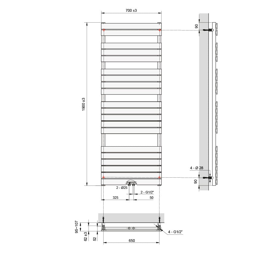 UNIQUEMENT POUR ALLEMAGNE - Vipera Vulcan sèche-serviettes simple 70 x 190 cm chauffage électrique noir mat raccordements latéral et central possibles 1.575W, résistance incluse