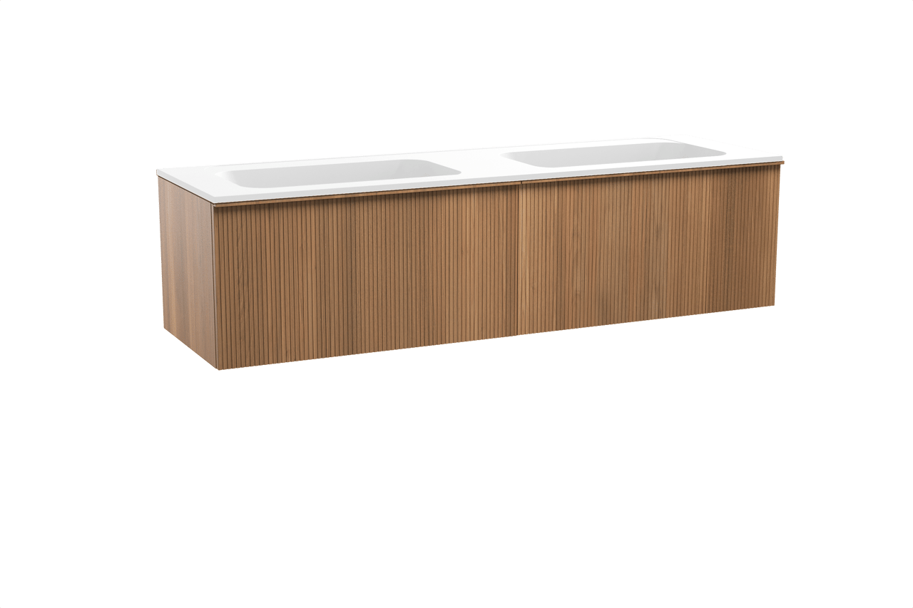 Balmani Forma meuble salle de bains suspendu 180 x 55 cm teck avec Tablo Strada double vasque en marbre composite blanc mat, Nervure droite symétrique verticale