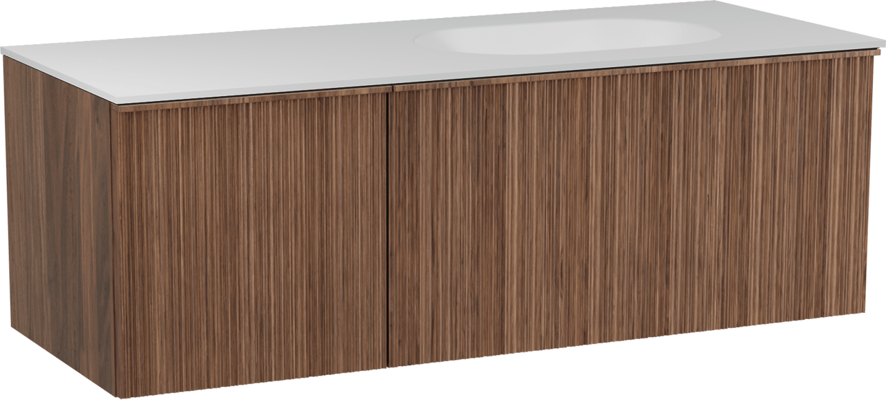 Balmani Forma meuble salle de bains suspendu 135 x 55 cm noyer américain avec Tablo Oval vasque asymétrique droite en solid surface blanc mat, Nervure circulaire asymétrique verticale