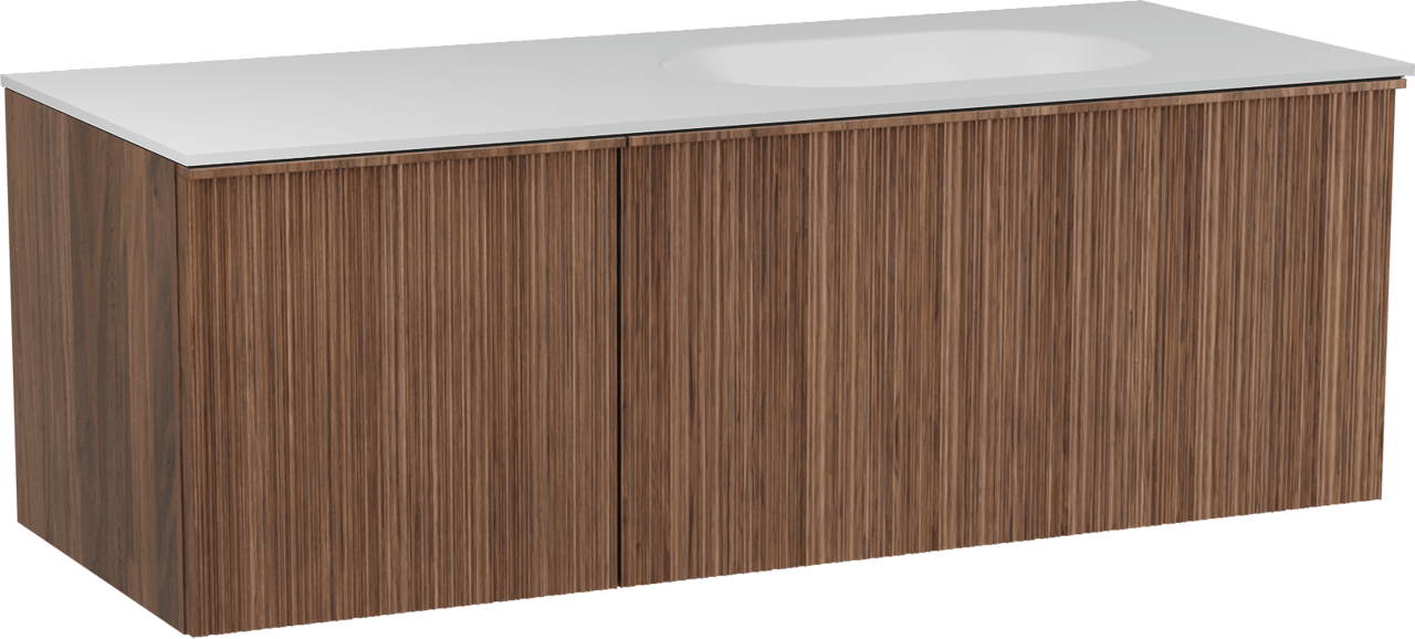 Balmani Forma meuble salle de bains suspendu 135 x 55 cm noyer américain avec Tablo Oval vasque asymétrique droite en solid surface blanc mat, Nervure circulaire asymétrique verticale