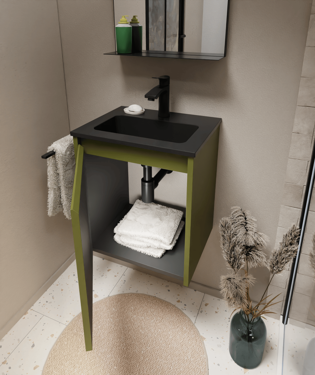 Storke Seda hängender Waschbeckenunterschrank: 45 x 35 cm, Olivgrün, mit Tür