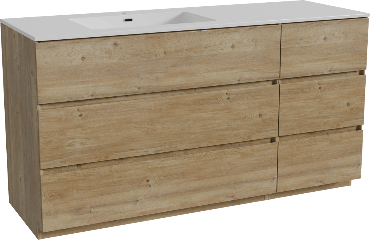 Storke Edge meuble salle de bains à poser 150 x 52 cm chêne brut avec Diva plan vasque asymétrique à gauche en marbre composite blanc brillant