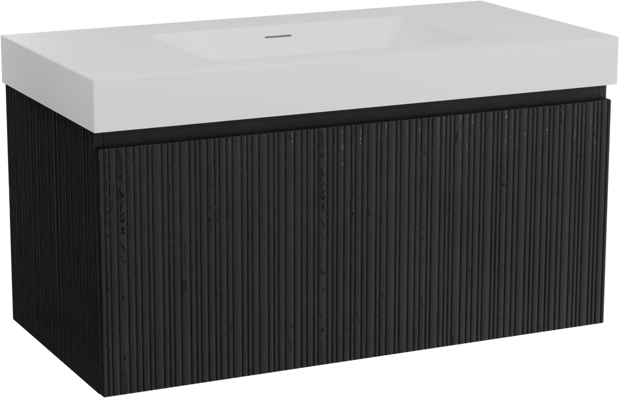 Storke Ribs meuble salle de bains suspendu 105 x 52 cm chêne noir avec Mata High plan simple en solid surface blanc mat, Nervure droite asymétrique verticale