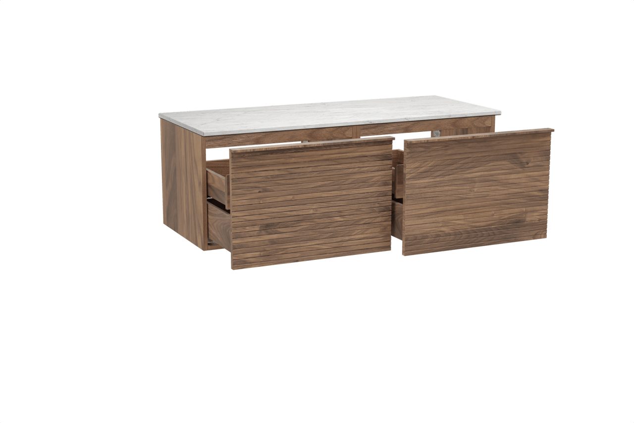 Balmani Forma meuble salle de bains suspendu 135 x 55 cm noyer américain avec Stretto tablette simple ou double en marbre carrara, Nervure droite symétrique horizontale