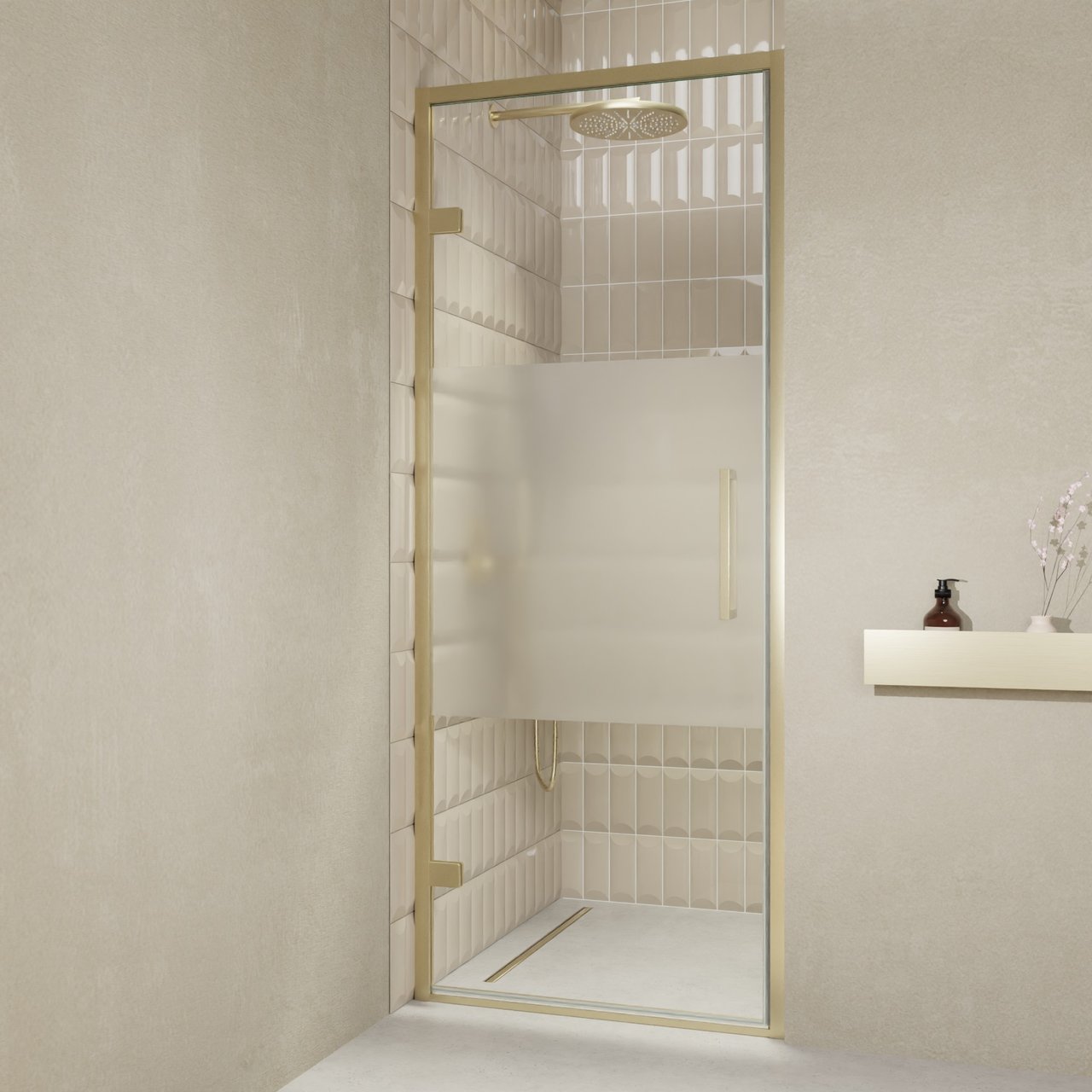 Balmani Senses Design porte pivotante à gauche 90 cm x 210 cm verre transparent avec bande matte, Profil Brushed Champagne Gold