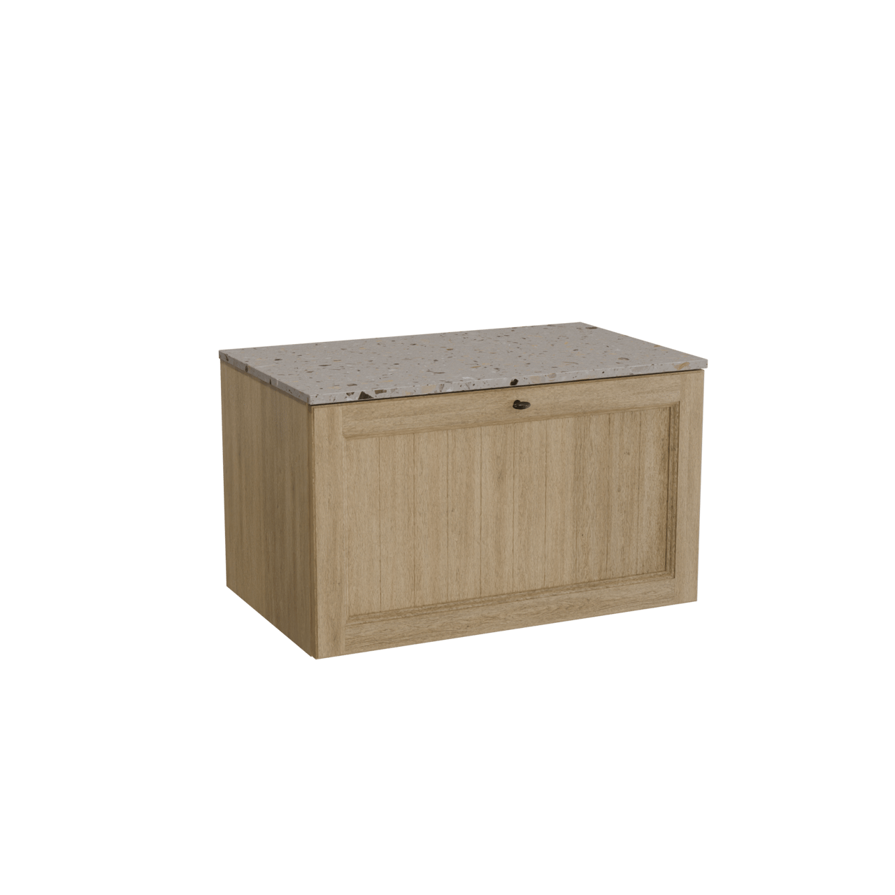 Balmani Lemon hängendes Möbelstück Set: 90 x 55 cm, Verwitterte Eiche, mit Stretto Einzel Waschtischplatte, Terrazzo in Greige