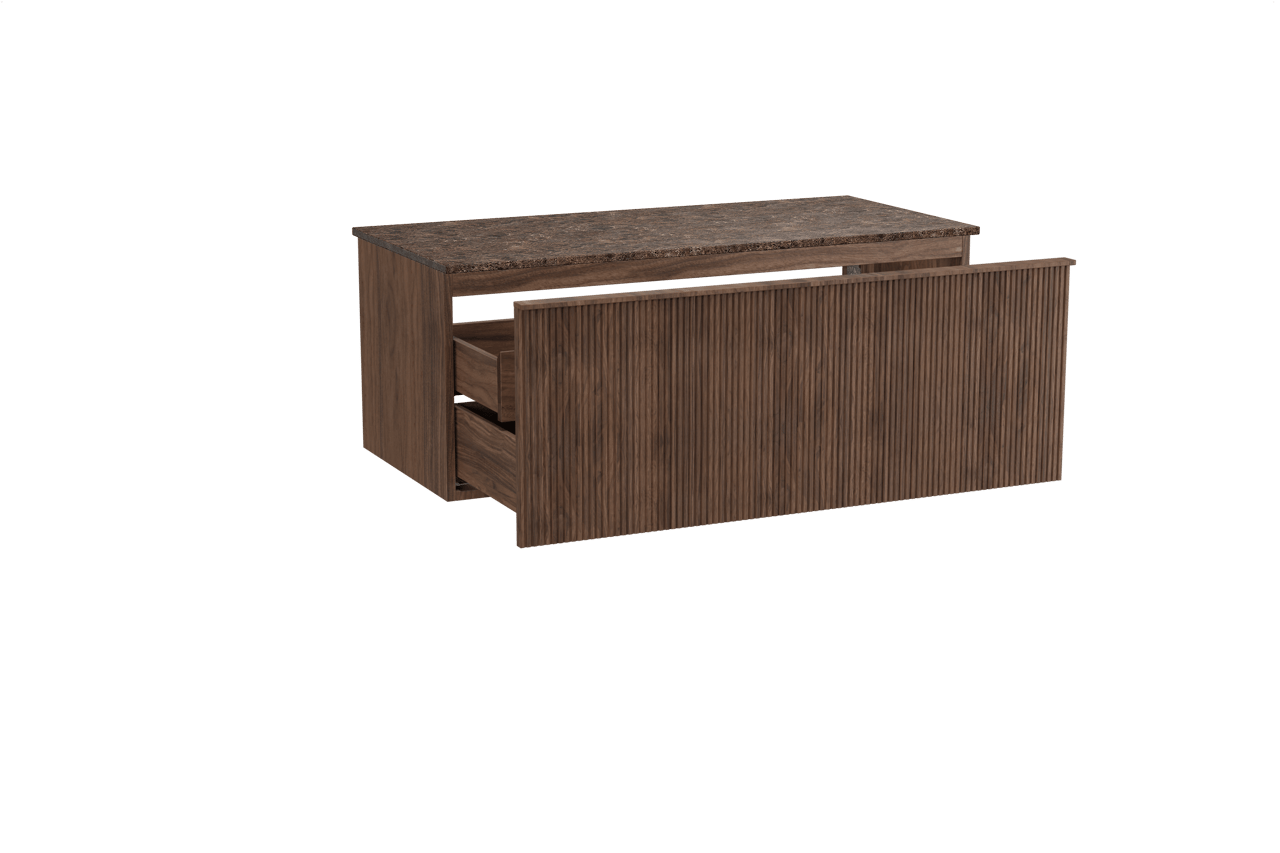 Balmani Forma meuble salle de bains suspendu 120 x 55 cm noyer américain avec Stretto tablette simple ou double en marbre dark emperador, Nervure droite symétrique verticale