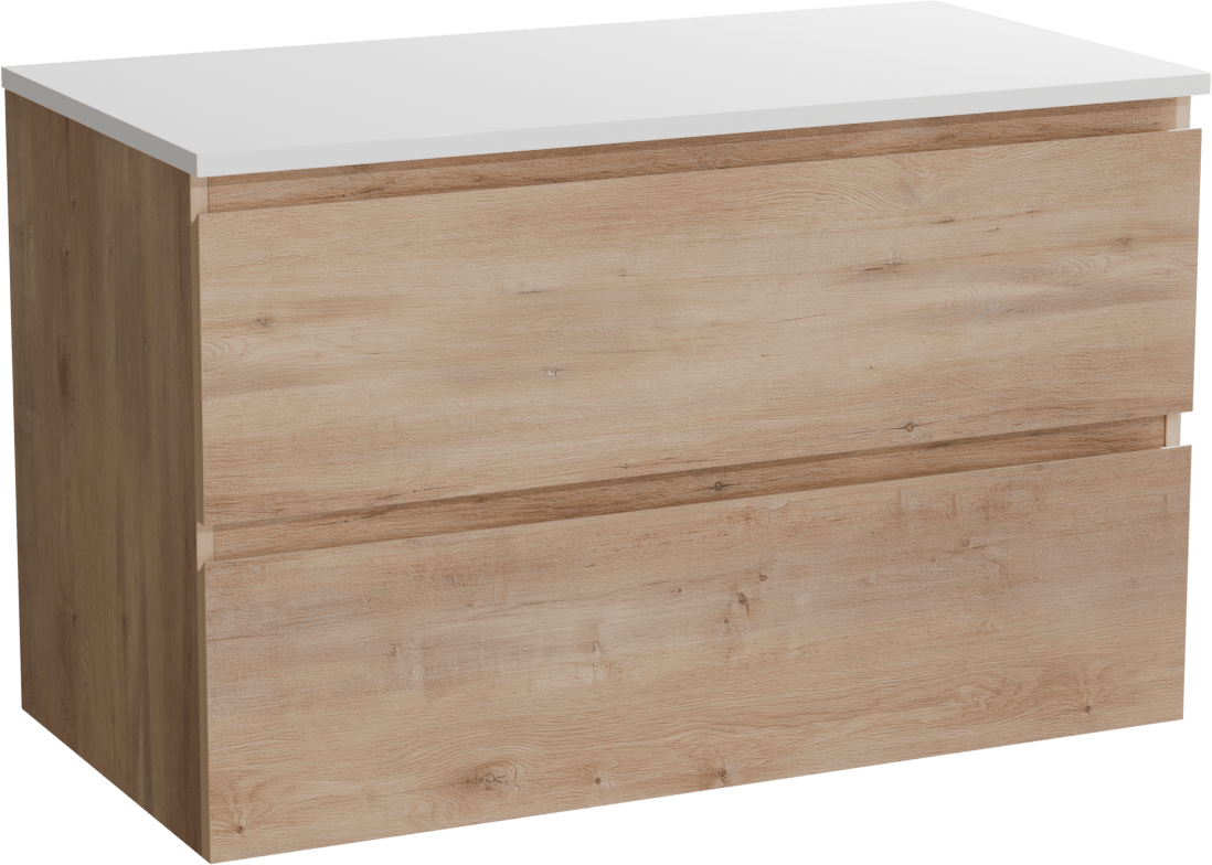 Linie Lado meuble salle de bains suspendu 90 x 46 cm chêne naturel avec Lado tablette simple en marbre composite blanc brillant