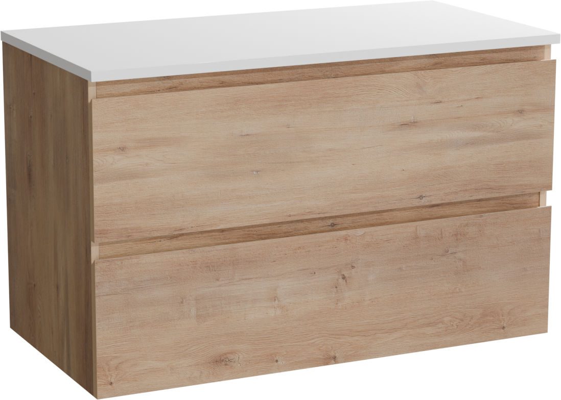 Linie Lado hängendes Möbelstück Set: 90 x 46 cm, Naturbelassene Eiche, mit Lado Einzel Waschtischplatte, Marmorkomposit Weiß glänzend