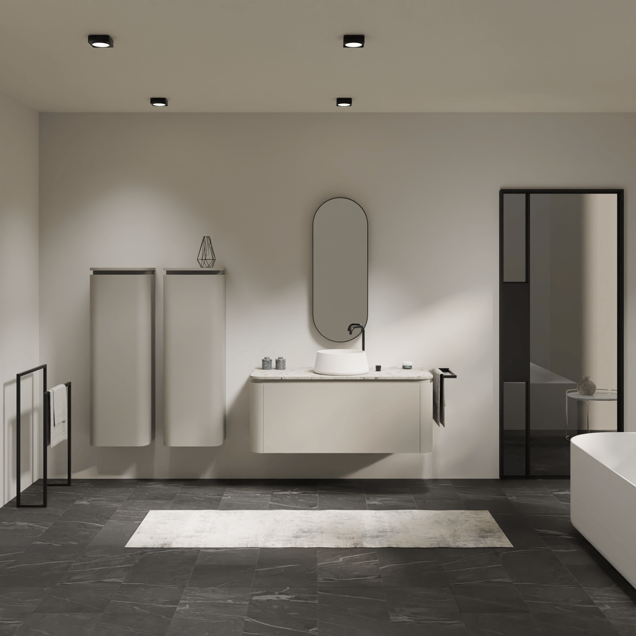 Balmani Moon zwevend badkamermeubel 130 x 55 cm zijdegrijs met Moon enkel of dubbel tablet in terrazzo greige terrazzo