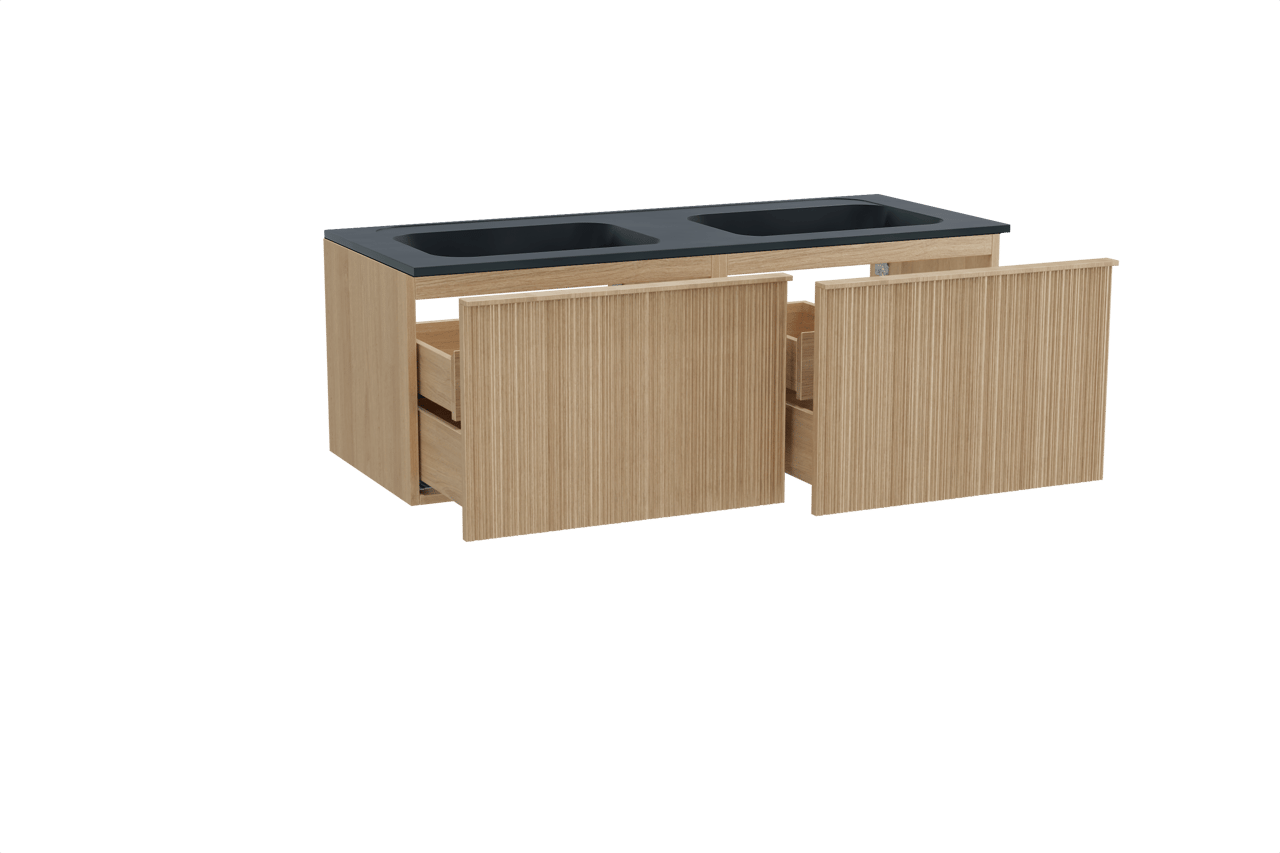 Balmani Forma zwevend badmeubel 135 x 55 cm naturel eiken met Tablo Strada dubbele wastafel in composietmarmer mat zwart, Verticale asymmetrische ronde ribbel