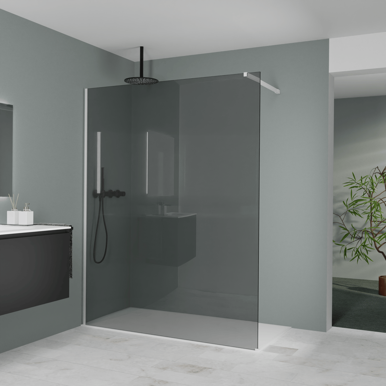 Balmani Modular Walk-In Dusche: 160 x 200 cm, Rauchglas, Profil Weiß matt