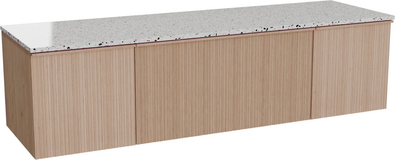 Balmani Forma zwevend badmeubel 180 x 55 cm naturel eiken met Stretto enkel of dubbel wastafelblad in mat wit/zwart terrazzo, Verticale asymmetrische ronde ribbel