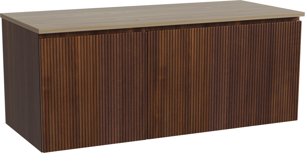 Storke Ribs zwevend badmeubel 120 x 52 cm notenhout met Panton enkel of dubbel wastafelblad in melamine ruw eiken, Verticale symmetrische rechte ribbel