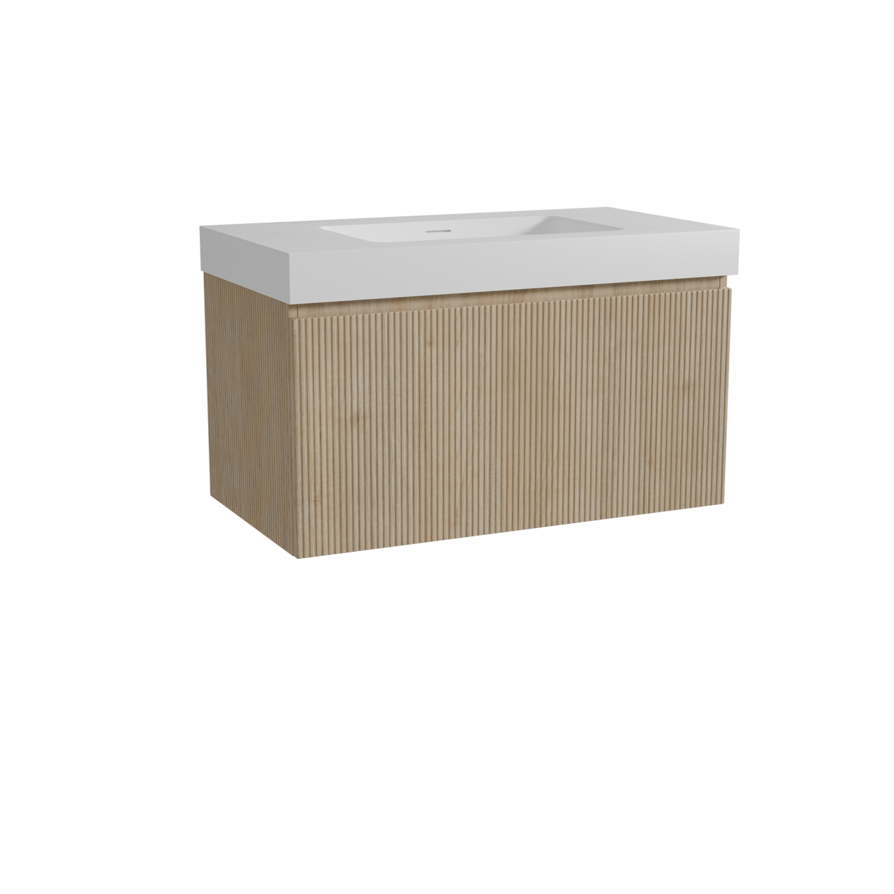 Storke Ribs hängendes Möbelstück Set: 95 x 52 cm, Rohe Eiche, mit Mata High Einzelwaschtisch, Solid Surface, Weiß matt, Vertikale symmetrische gerade Rippe