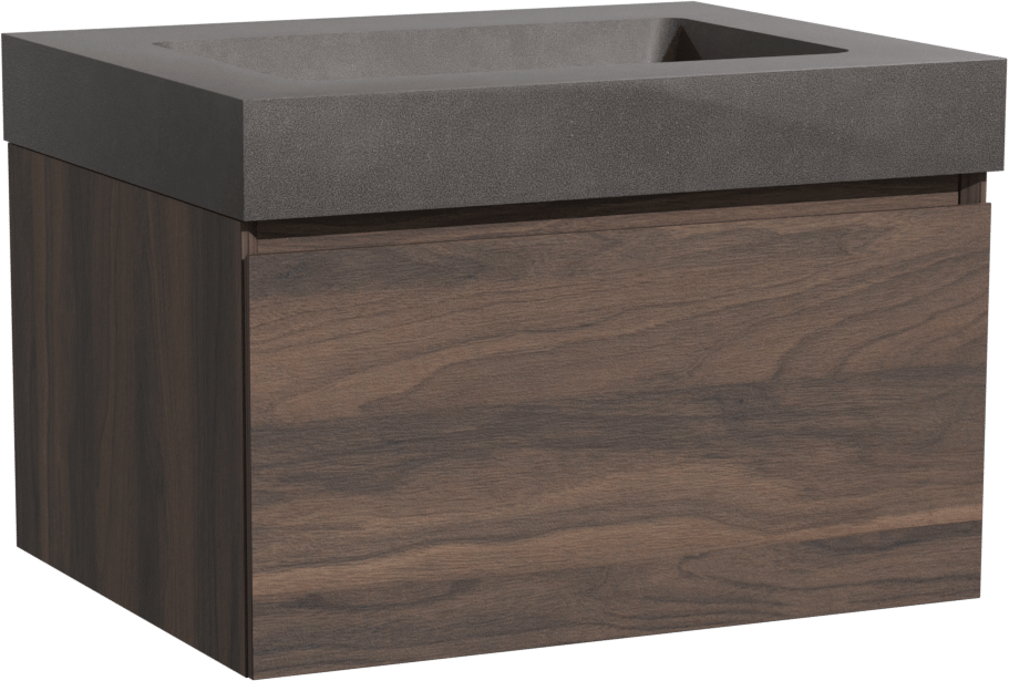 Storke Edge zwevend badmeubel 65 x 52 cm notenhout met Scuro High enkele wastafel in kwarts mat zwart