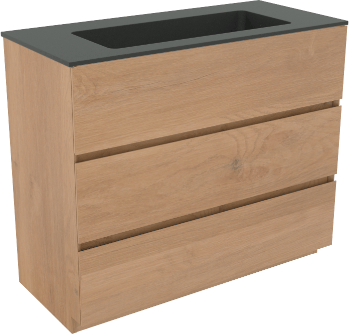 Storke Edge freistehendes Möbelstück Set: 100 x 46 cm, Rohe Eiche, mit Scuro Einzelwaschtisch, Quarz Schwarz matt