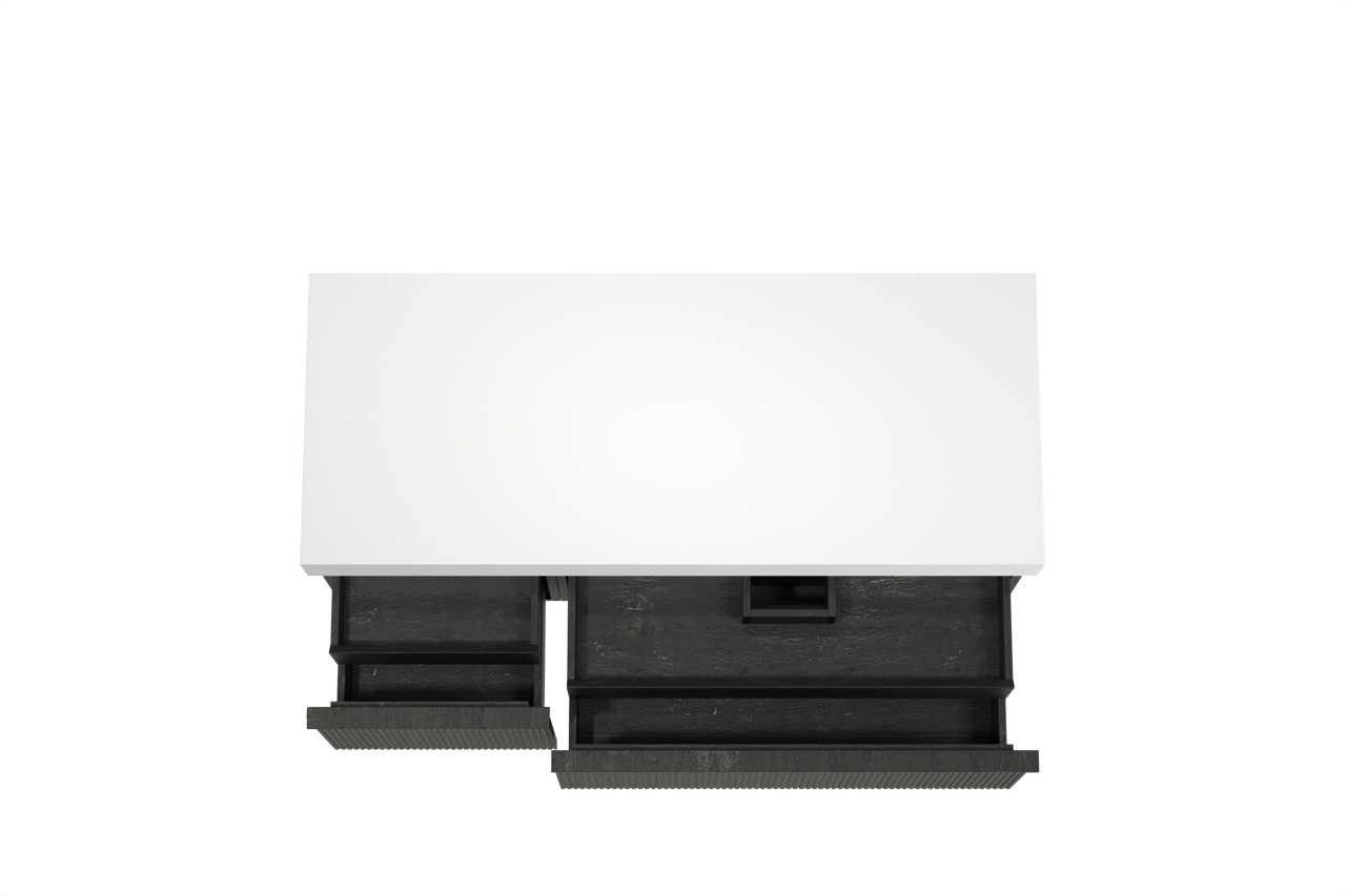 Balmani Forma hängendes Möbelstück Set: 135 x 55 cm, Schwarze Eiche, mit Dominus Einzel- oder Doppel Waschtischplatte, Solid Surface, Weiß matt, Vertikale symmetrische gerade Rippe