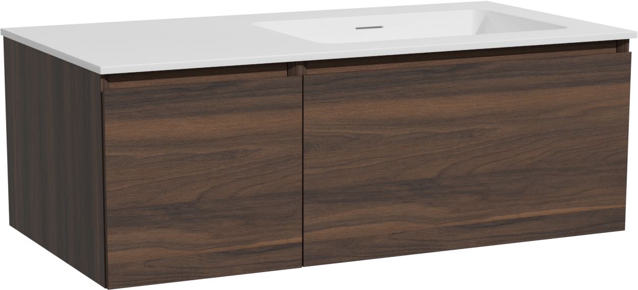 Storke Edge zwevend badmeubel 100 x 52 cm notenhout met Mata asymmetrisch rechtse wastafel in solid surface mat wit