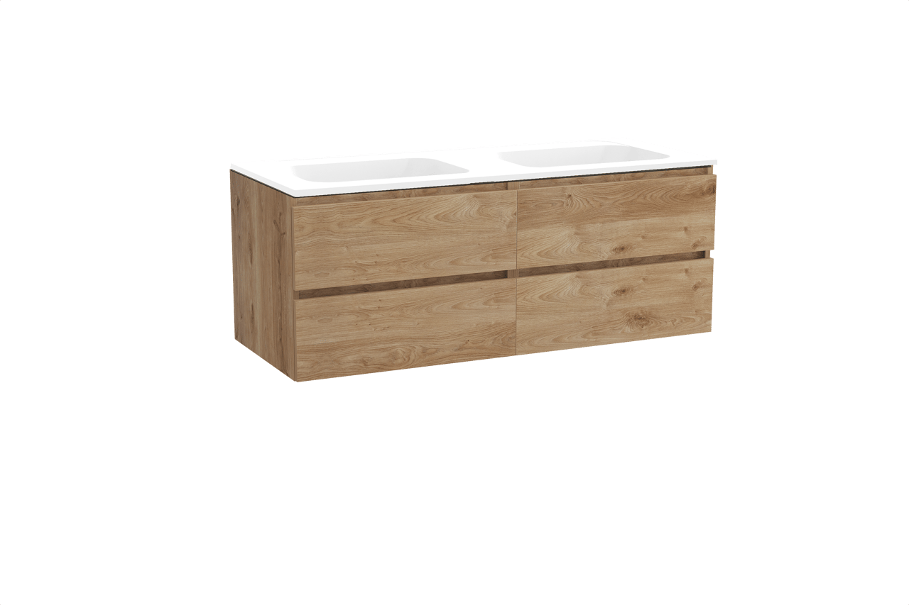 Balmani Lucida hängendes Möbelstück Set: 135 x 55 cm, Rohe Eiche, mit Tablo Strada Doppelwaschtisch, Marmorkomposit Weiß matt