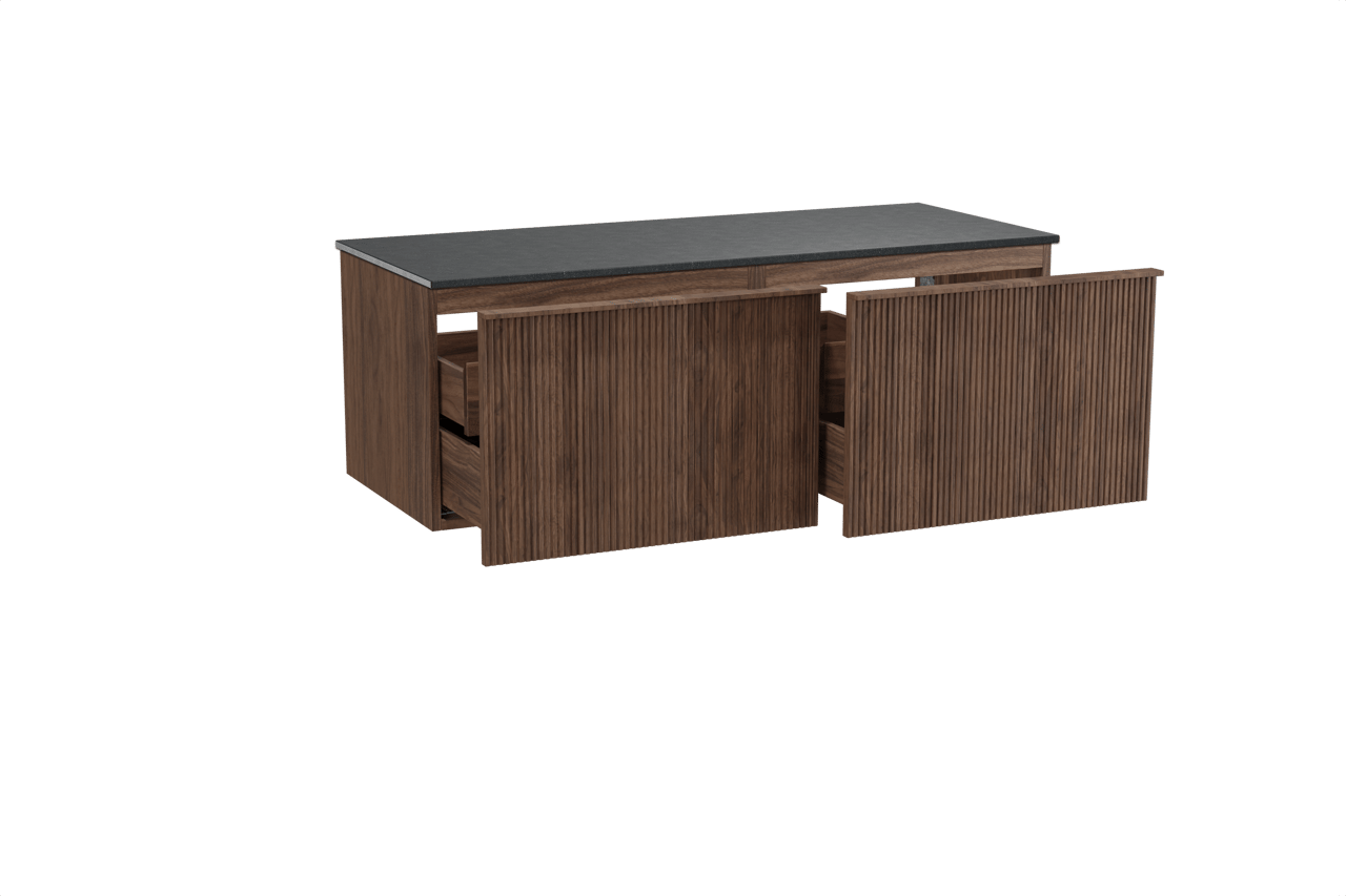 Balmani Forma meuble salle de bains suspendu 135 x 55 cm noyer américain avec Stretto tablette simple ou double en granit noir, Nervure droite symétrique verticale