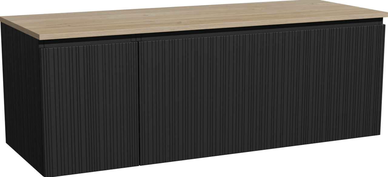 Storke Ribs zwevend badmeubel 140 x 52 cm zwart eiken met Panton enkel of dubbel wastafelblad in melamine ruw eiken, Verticale asymmetrische rechte ribbel